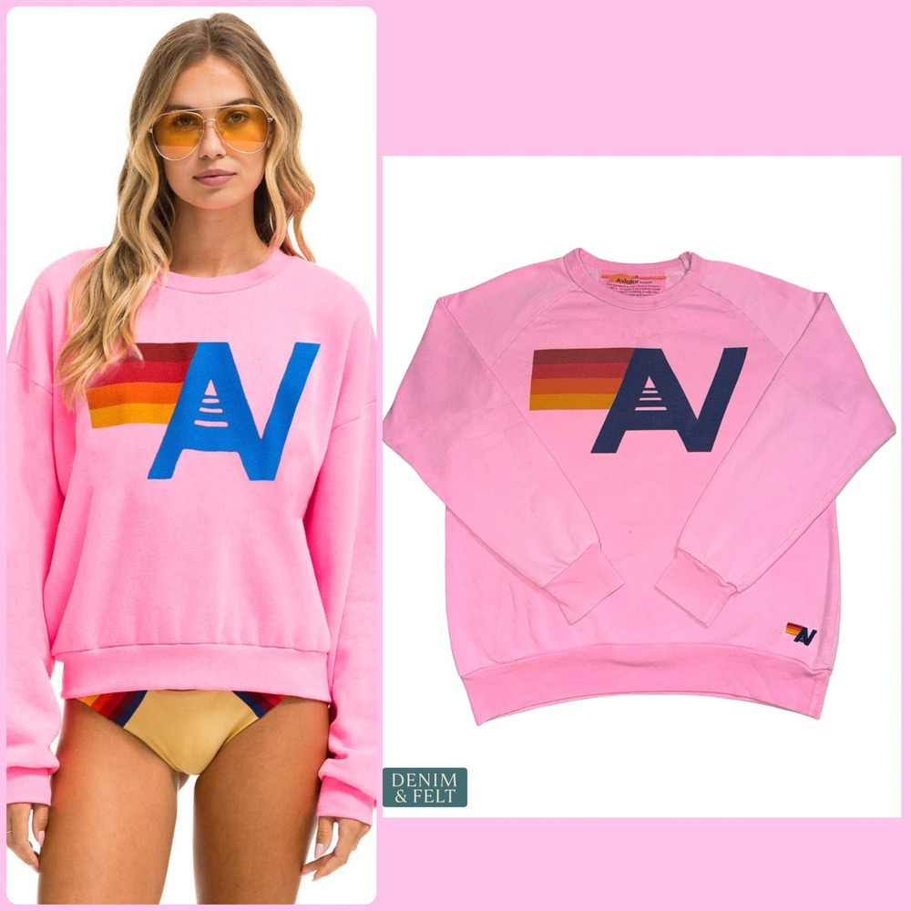 Aviator Nation Pink AV Logo Crewneck Sweatshirt Retro Sunset Graphic Pullover